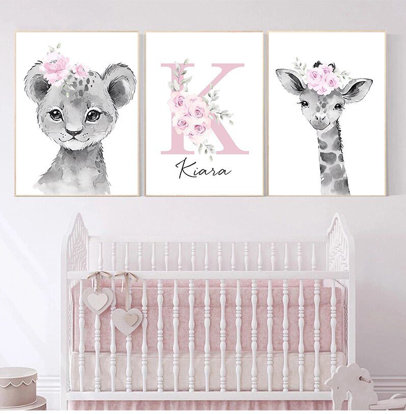 Custom Baby Name Nursery Poster Personalized Canvas Painting Print Pink Flower Animals Wall Art for Girls Bedroom Pictures Decor Custom Baby Name Nursery Poster Personalized Canvas Painting Print Pink Flower Animals Wall Art for Girls Bedroom Pictures Decor