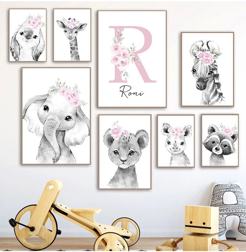 Custom Baby Name Nursery Poster Personalized Canvas Painting Print Pink Flower Animals Wall Art for Girls Bedroom Pictures Decor Custom Baby Name Nursery Poster Personalized Canvas Painting Print Pink Flower Animals Wall Art for Girls Bedroom Pictures Decor