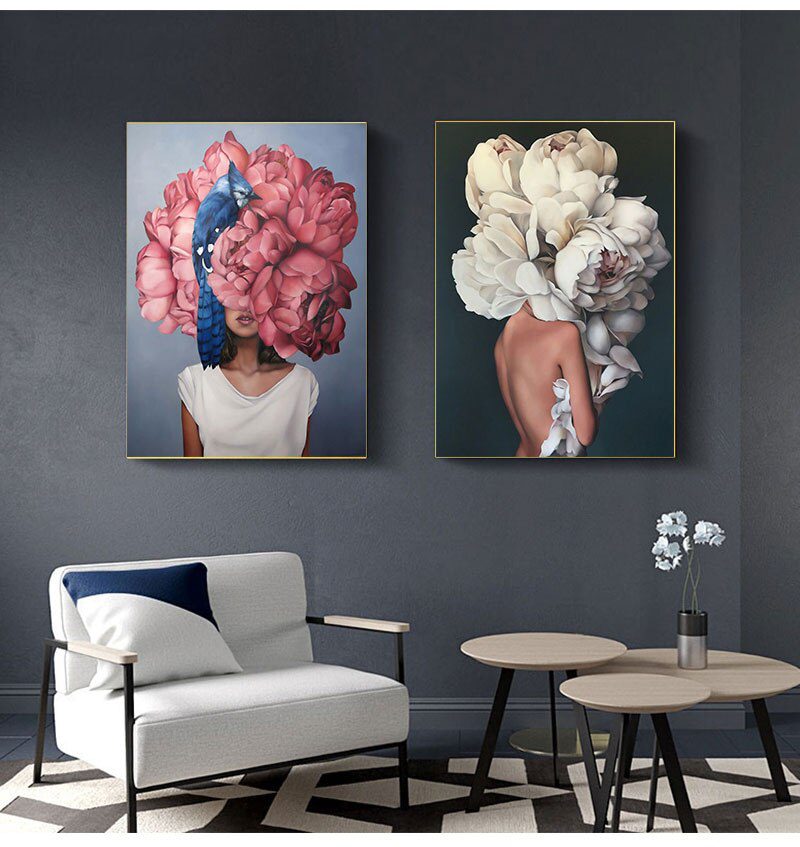 Decorative Painting Living Room Home Decoration Flowers Feathers Woman Abstract Canvas Painting Wall Art Print Poster Picture