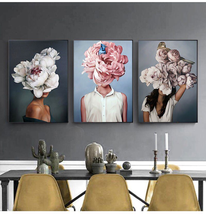 Decorative Painting Living Room Home Decoration Flowers Feathers Woman Abstract Canvas Painting Wall Art Print Poster Picture