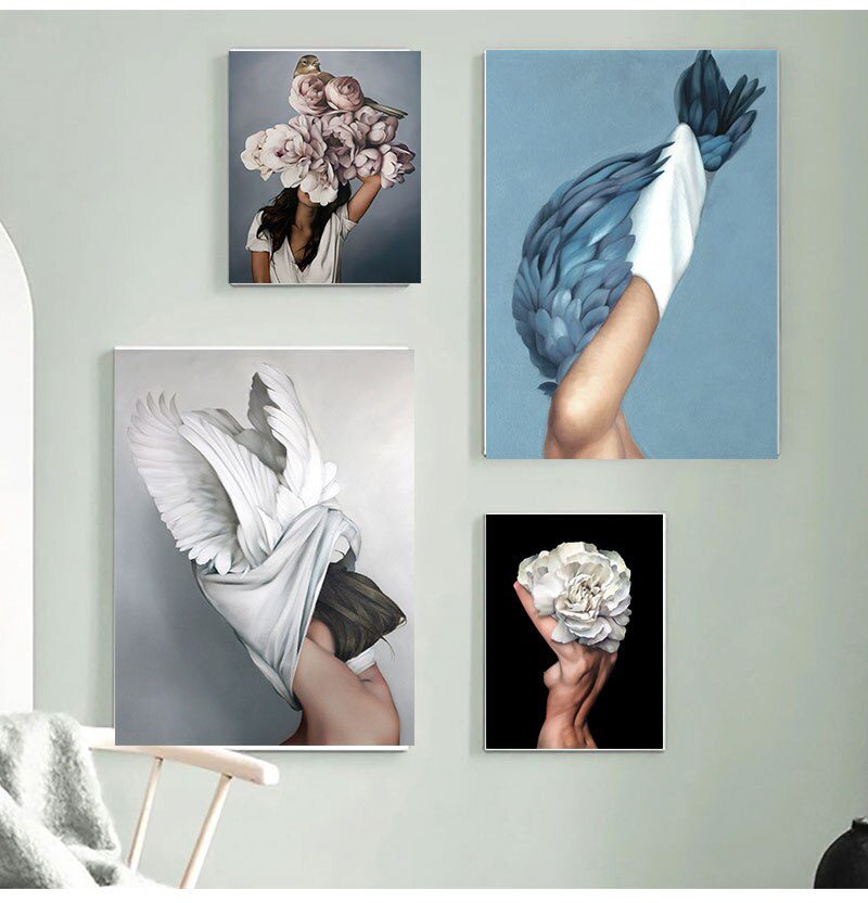 Decorative Painting Living Room Home Decoration Flowers Feathers Woman Abstract Canvas Painting Wall Art Print Poster Picture
