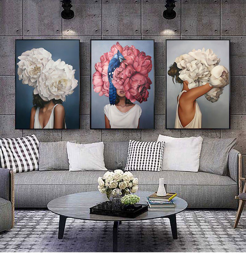 Decorative Painting Living Room Home Decoration Flowers Feathers Woman Abstract Canvas Painting Wall Art Print Poster Picture