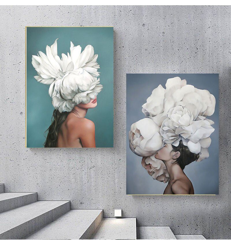 Decorative Painting Living Room Home Decoration Flowers Feathers Woman Abstract Canvas Painting Wall Art Print Poster Picture