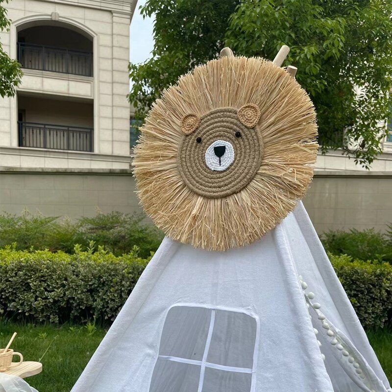 INS Nordic Handmade Lion Wall Decor Cotton Thread Straw Woven Animal Head Wall Hanging Ornament for Nursery Baby Room Decoration