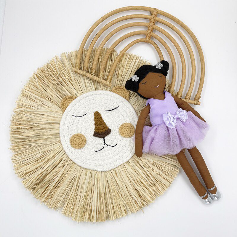 INS Nordic Handmade Lion Wall Decor Cotton Thread Straw Woven Animal Head Wall Hanging Ornament for Nursery Baby Room Decoration