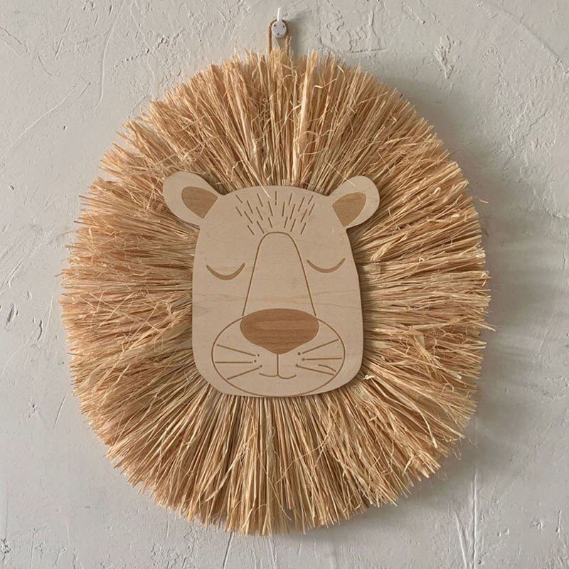INS Nordic Handmade Lion Wall Decor Cotton Thread Straw Woven Animal Head Wall Hanging Ornament for Nursery Baby Room Decoration