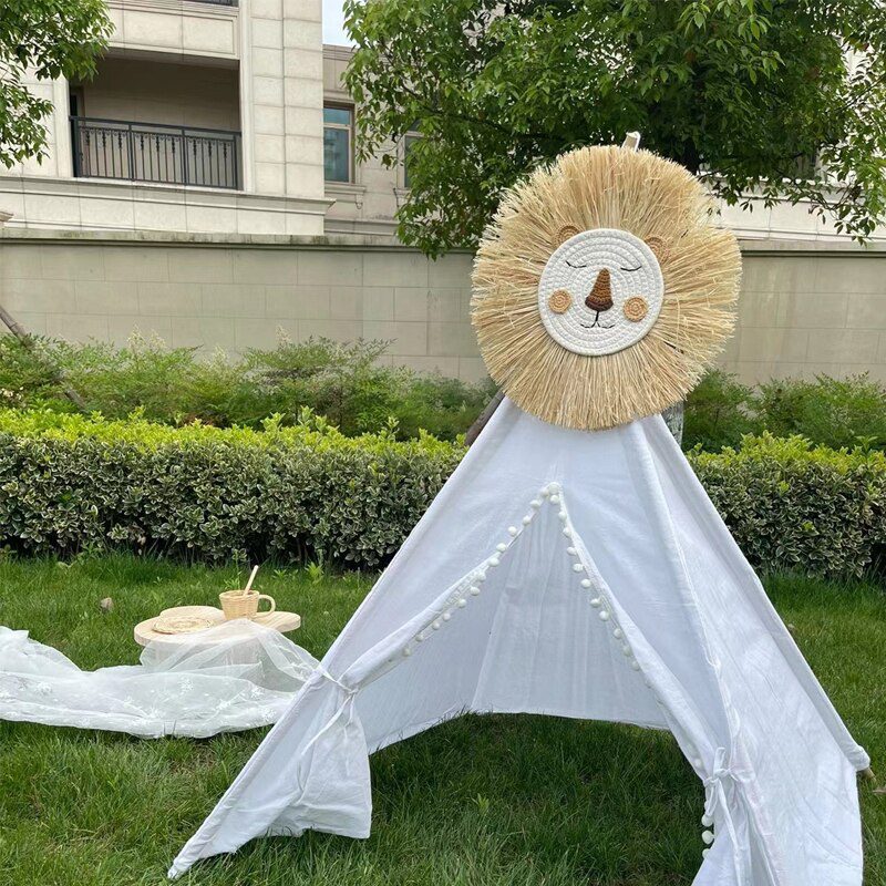 INS Nordic Handmade Lion Wall Decor Cotton Thread Straw Woven Animal Head Wall Hanging Ornament for Nursery Baby Room Decoration