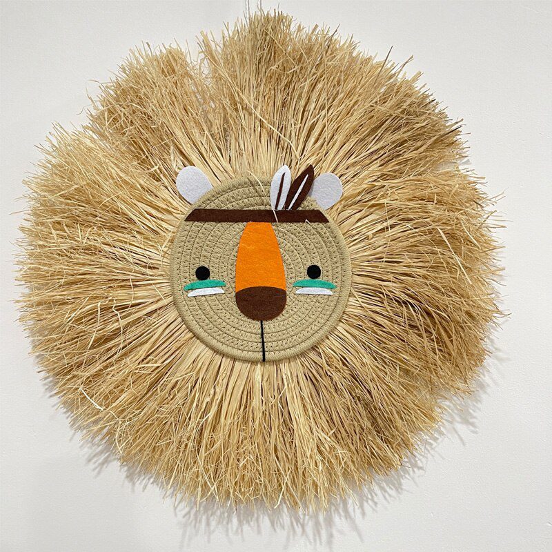 INS Nordic Handmade Lion Wall Decor Cotton Thread Straw Woven Animal Head Wall Hanging Ornament for Nursery Baby Room Decoration