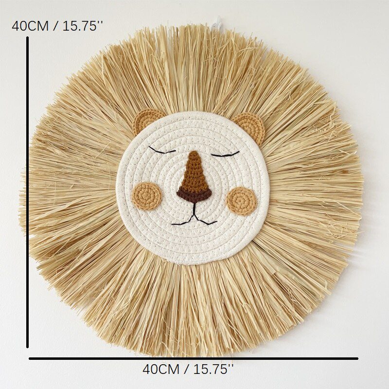 INS Nordic Handmade Lion Wall Decor Cotton Thread Straw Woven Animal Head Wall Hanging Ornament for Nursery Baby Room Decoration