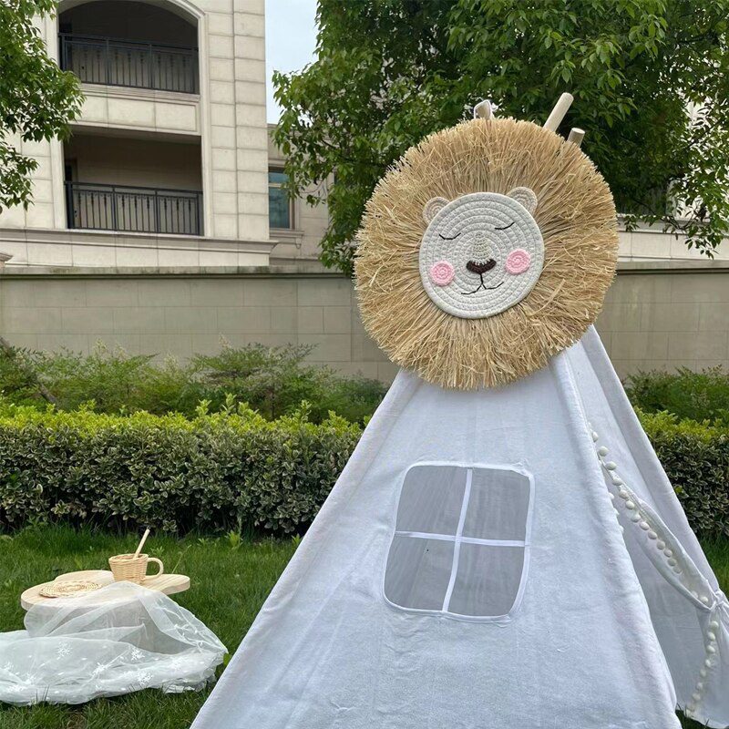 INS Nordic Handmade Lion Wall Decor Cotton Thread Straw Woven Animal Head Wall Hanging Ornament for Nursery Baby Room Decoration