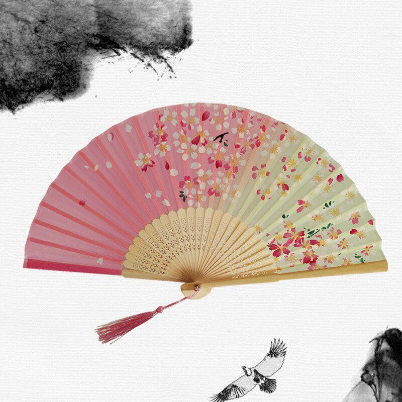 Chinese Japanese Silk Folding Fan Wooden Shank Classical Dance Fan High Quality Tassel Elegent Female Fan Home Decoration Chinese Japanese Silk Folding Fan Wooden Shank Classical Dance Fan High Quality Tassel Elegent Female Fan Home Decoration