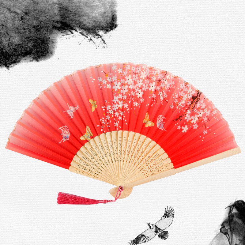 Chinese Japanese Silk Folding Fan Wooden Shank Classical Dance Fan High Quality Tassel Elegent Female Fan Home Decoration Chinese Japanese Silk Folding Fan Wooden Shank Classical Dance Fan High Quality Tassel Elegent Female Fan Home Decoration