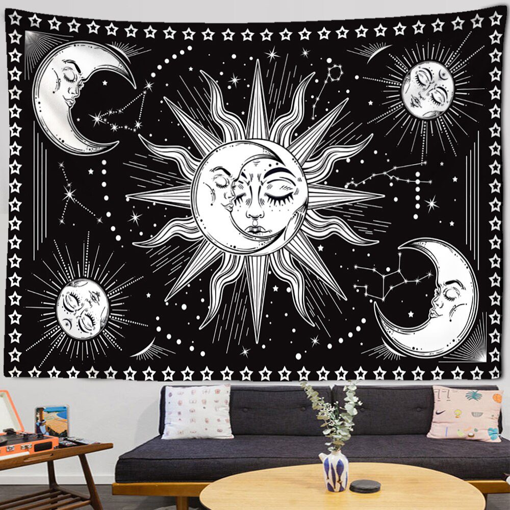 Mandala Tapestry White Black Sun And Moon Tapestry Wall Hanging Tarot Hippie Wall Rugs Dorm Decor Blanket
