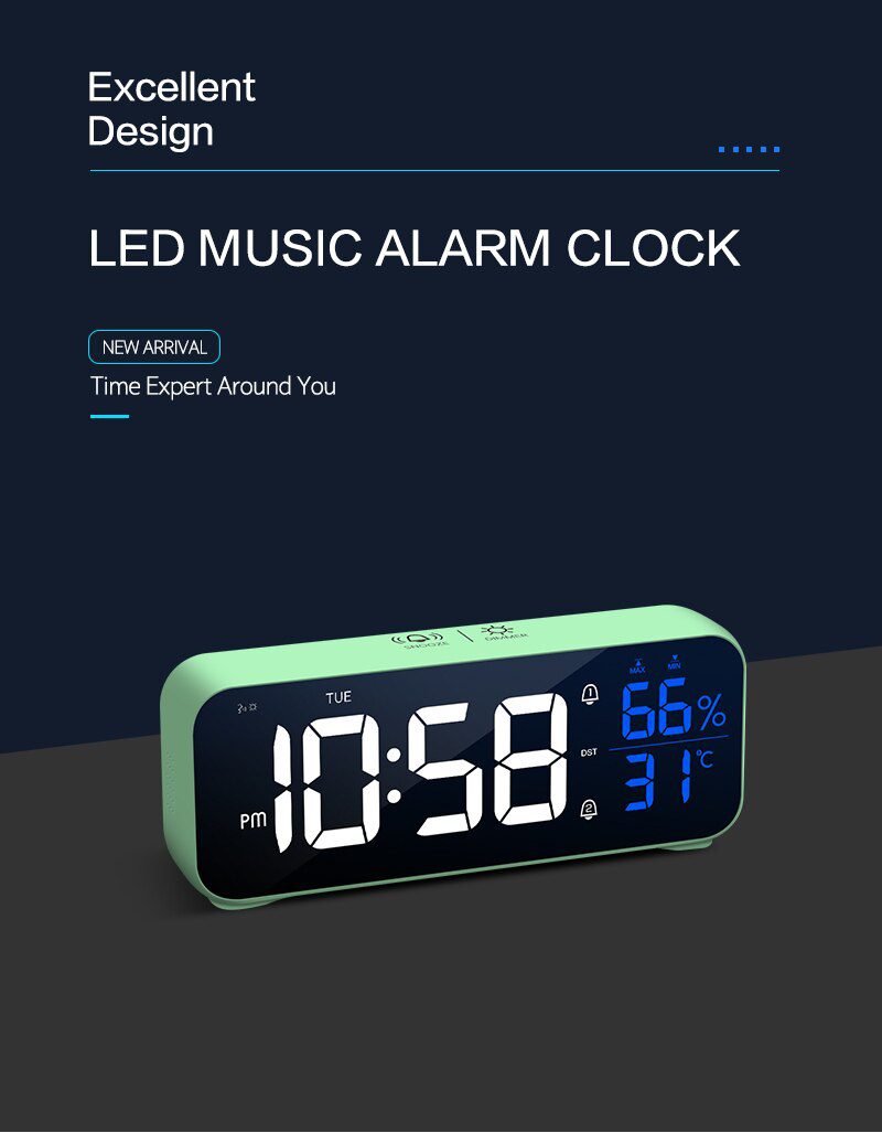 Music LED Digital Alarm Clock Voice Control Temperature Humidity Display Desktop Clocks Home Table Decoration Built-in 1200mAh Music LED Digital Alarm Clock Voice Control Temperature Humidity Display Desktop Clocks Home Table Decoration Built-in 1200mAh