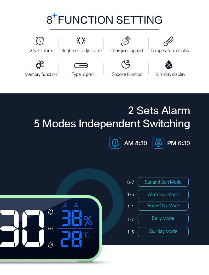 Music LED Digital Alarm Clock Voice Control Temperature Humidity Display Desktop Clocks Home Table Decoration Built-in 1200mAh Music LED Digital Alarm Clock Voice Control Temperature Humidity Display Desktop Clocks Home Table Decoration Built-in 1200mAh