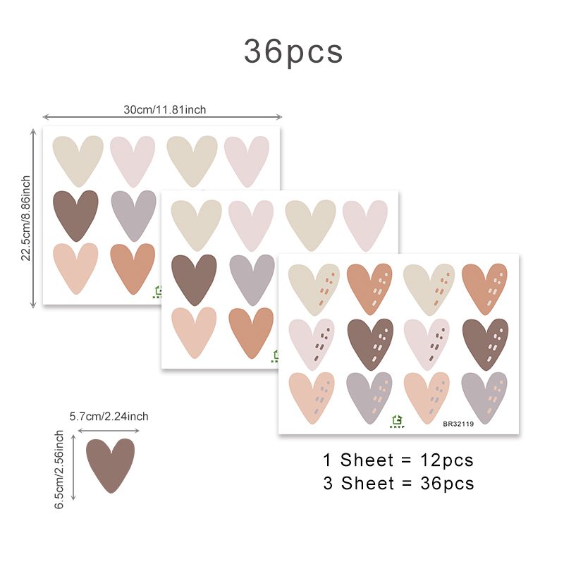 36pcs Heart Shape Trendy Boho Style Wall Stickers Bohemian Wall Decals for Living Room Bedroom Nursery Room Kids Room Home Decor
