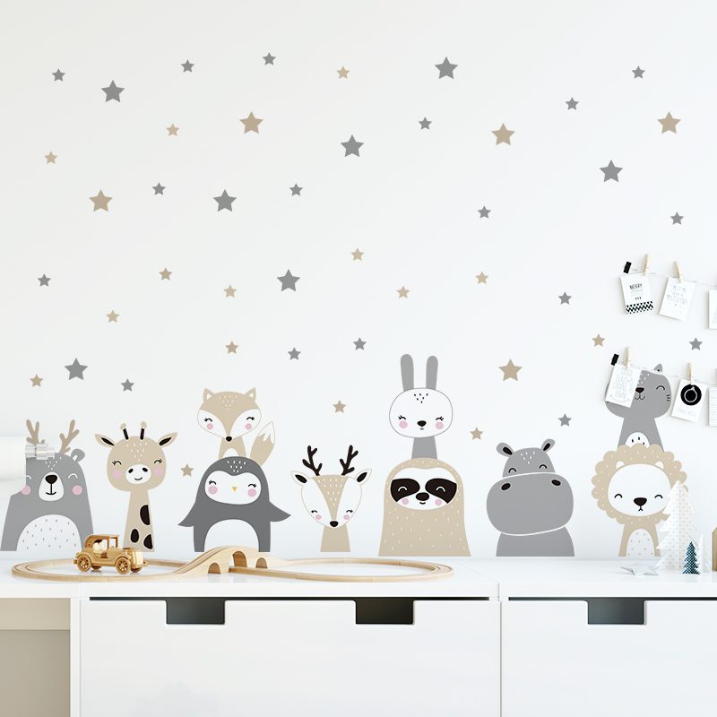 Cartoon Cute Lion Bunny Forest Animals Stars Wall Stickers Bear Deer Wall Decals for Kids Room Baby Nursery Room Bedroom Murals