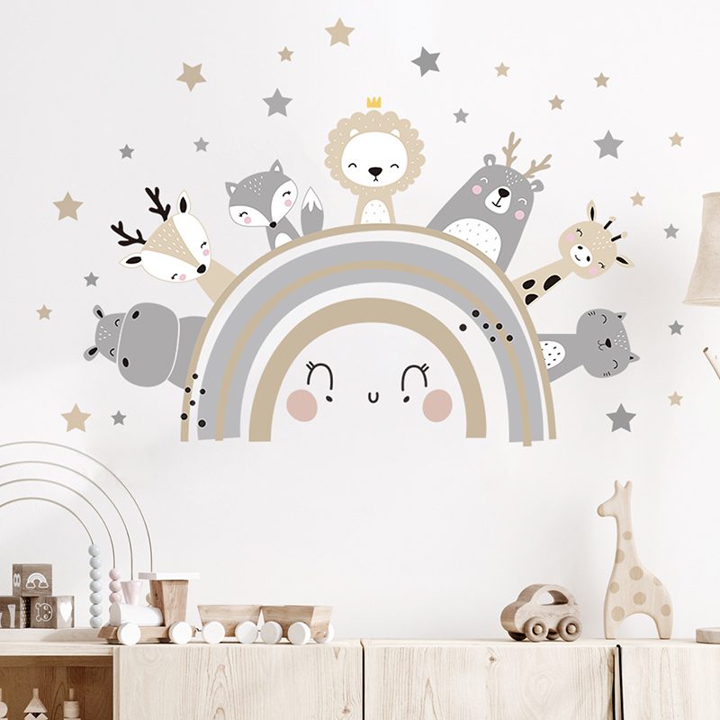 Cartoon Cute Lion Bunny Forest Animals Stars Wall Stickers Bear Deer Wall Decals for Kids Room Baby Nursery Room Bedroom Murals