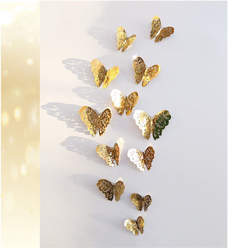 12Pcs/Set Hollow 3D Butterfly Wall Stickers For Wedding Decoration Living Room Window Home Decor Gold Silver Butterflies Decals