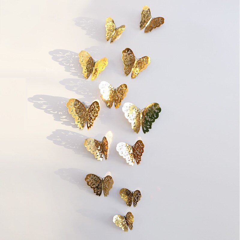 12Pcs/Set Hollow 3D Butterfly Wall Stickers For Wedding Decoration Living Room Window Home Decor Gold Silver Butterflies Decals