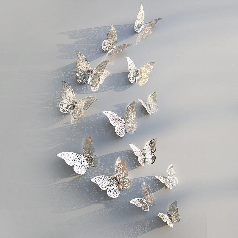 12Pcs/Set Hollow 3D Butterfly Wall Stickers For Wedding Decoration Living Room Window Home Decor Gold Silver Butterflies Decals