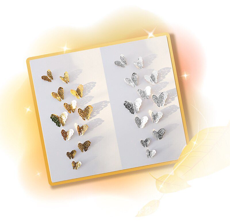 12Pcs/Set Hollow 3D Butterfly Wall Stickers For Wedding Decoration Living Room Window Home Decor Gold Silver Butterflies Decals