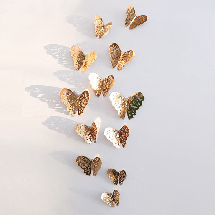 12Pcs/Set Hollow 3D Butterfly Wall Stickers For Wedding Decoration Living Room Window Home Decor Gold Silver Butterflies Decals