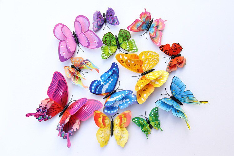 12Pcs Mixed Color Double Layer Butterfly 3D Wall Sticker For Wedding Decoration Magnet Butterflies Fridge Decals Home Room Decor