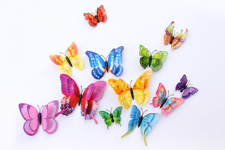12Pcs Mixed Color Double Layer Butterfly 3D Wall Sticker For Wedding Decoration Magnet Butterflies Fridge Decals Home Room Decor