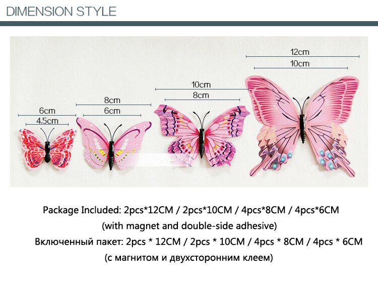 12Pcs Mixed Color Double Layer Butterfly 3D Wall Sticker For Wedding Decoration Magnet Butterflies Fridge Decals Home Room Decor