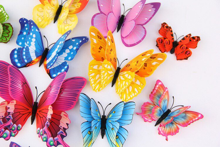 12Pcs Mixed Color Double Layer Butterfly 3D Wall Sticker For Wedding Decoration Magnet Butterflies Fridge Decals Home Room Decor