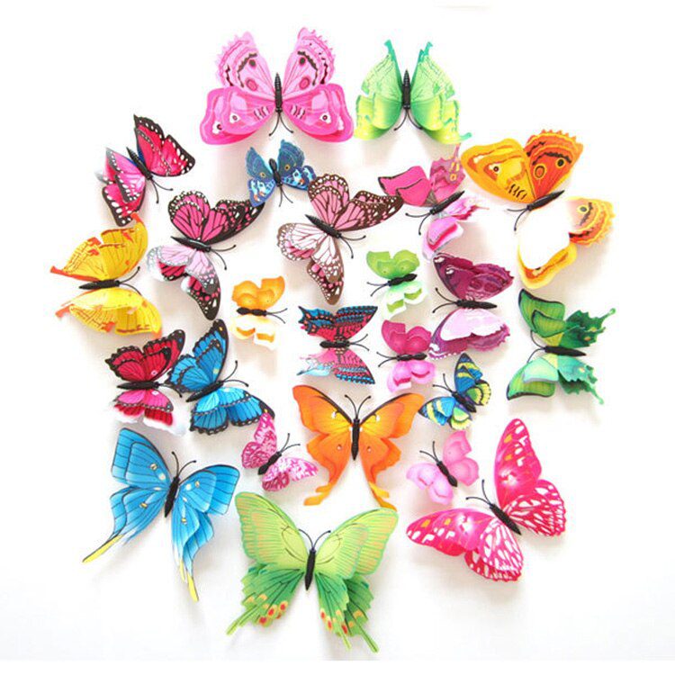 12Pcs Mixed Color Double Layer Butterfly 3D Wall Sticker For Wedding Decoration Magnet Butterflies Fridge Decals Home Room Decor