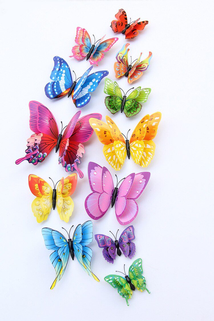12Pcs Mixed Color Double Layer Butterfly 3D Wall Sticker For Wedding Decoration Magnet Butterflies Fridge Decals Home Room Decor