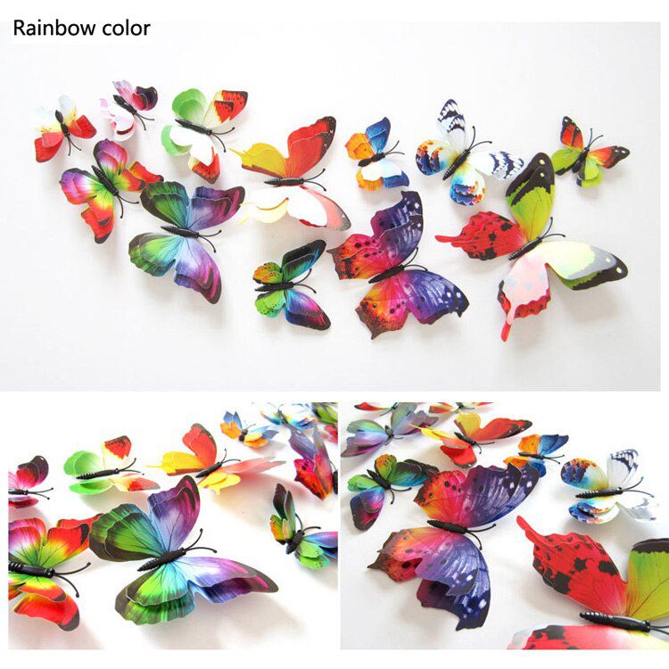 12Pcs Mixed Color Double Layer Butterfly 3D Wall Sticker For Wedding Decoration Magnet Butterflies Fridge Decals Home Room Decor
