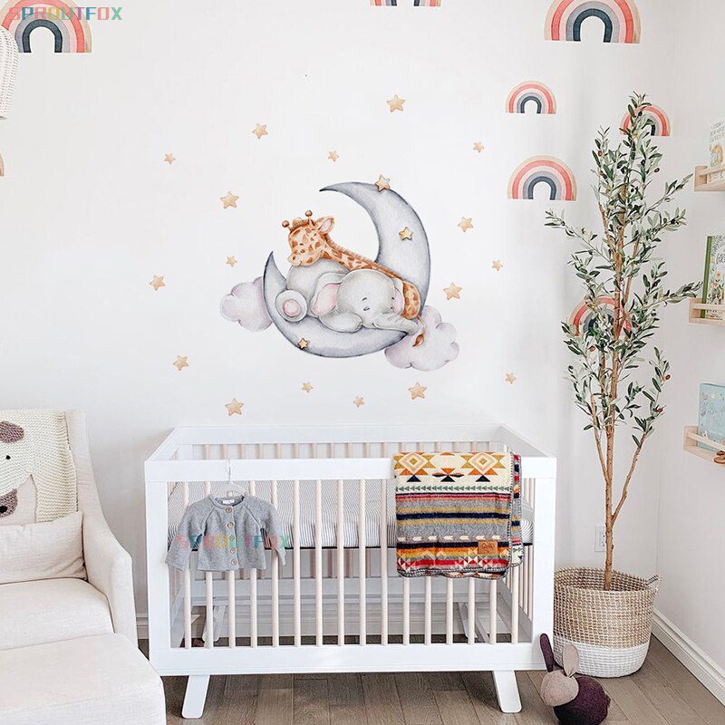 Elephant Giraffe Wall Stickers For Kids Rooms Wall Decorative Vinyl Animal Pattern Moon Child Wall Stickers For Children's Room