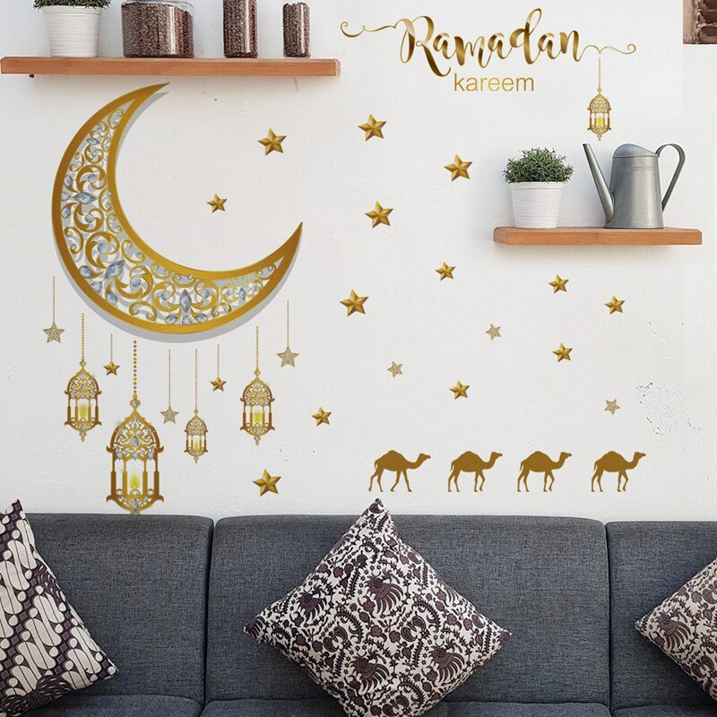 Ramadan Wall Stickers Moon Star Lantern DIY Wall Decal Ramadan Kareem Decoration For Home 2023 Islamic Muslim Mural Eid Mubarak