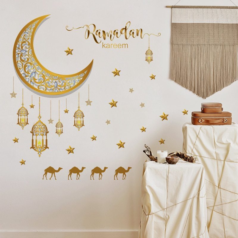 Ramadan Wall Stickers Moon Star Lantern DIY Wall Decal Ramadan Kareem Decoration For Home 2023 Islamic Muslim Mural Eid Mubarak