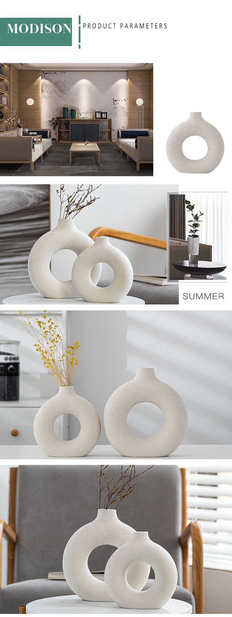 Nordic Ceramic Vase for Pampas Grass Donuts Flower Pot Home Decoration Accessories Office Living Room Interior Table Desk Decor