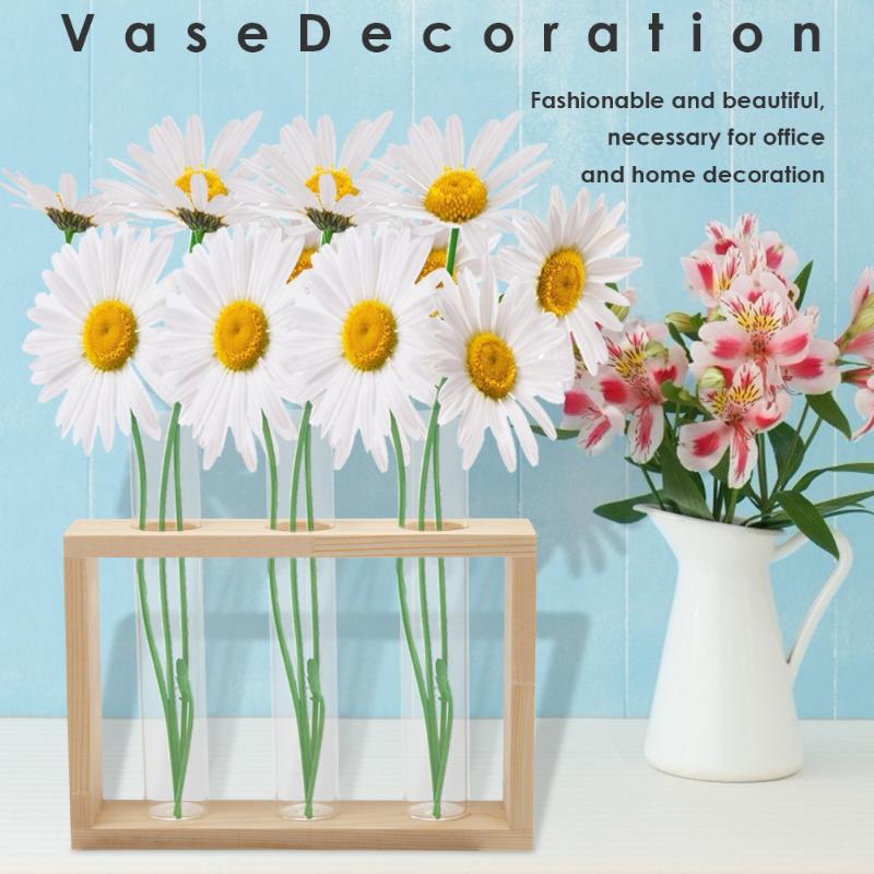 Transparent Glass Vase Wood Frame Iron Art Terrarium Bonsai Table Ornaments Glass and Wood Vase Planter Terrarium Table Desktop