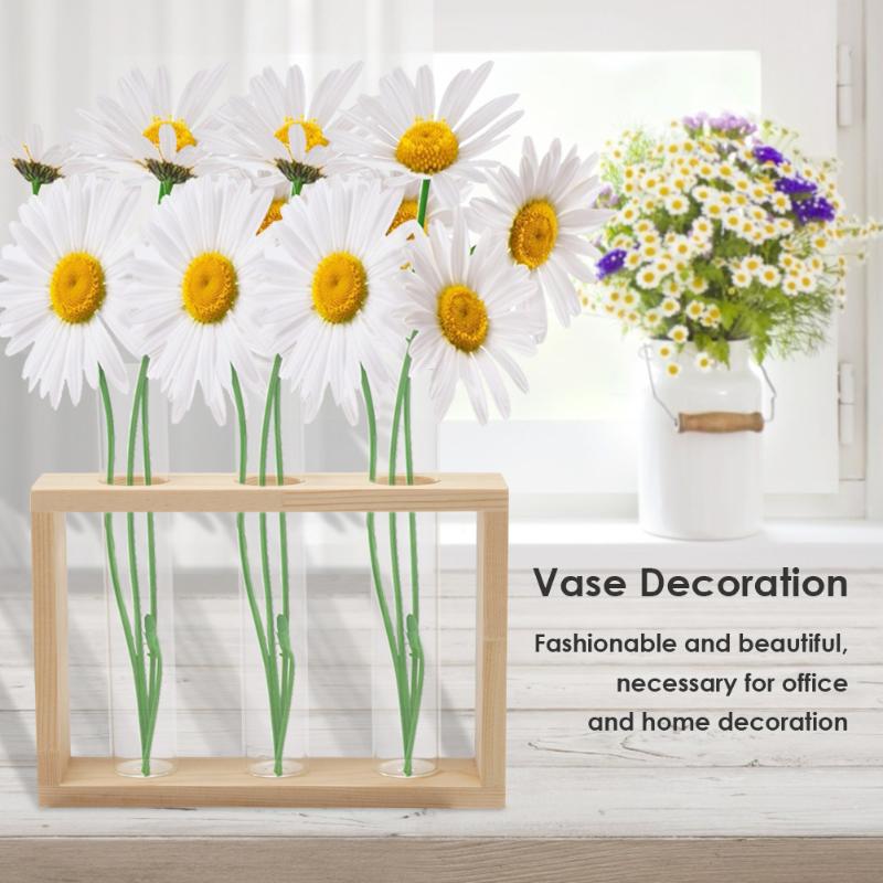 Transparent Glass Vase Wood Frame Iron Art Terrarium Bonsai Table Ornaments Glass and Wood Vase Planter Terrarium Table Desktop