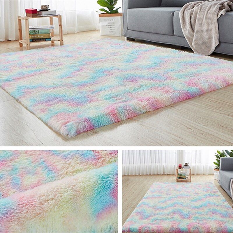 Rainbow Carpet Gradient Tie-dye Plush Rug Living Room Coffee Table Pad Carpet Bedroom Bedside Bay Window Rug Baby Crawling Mat