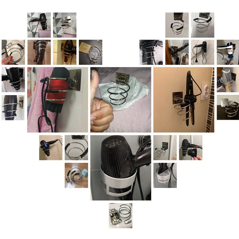 Hair Dryer Holder Blower Organizer Adhesive Wall Mounted Nail Free No Drilling Stainless Steel Spiral Stand For Bathroom