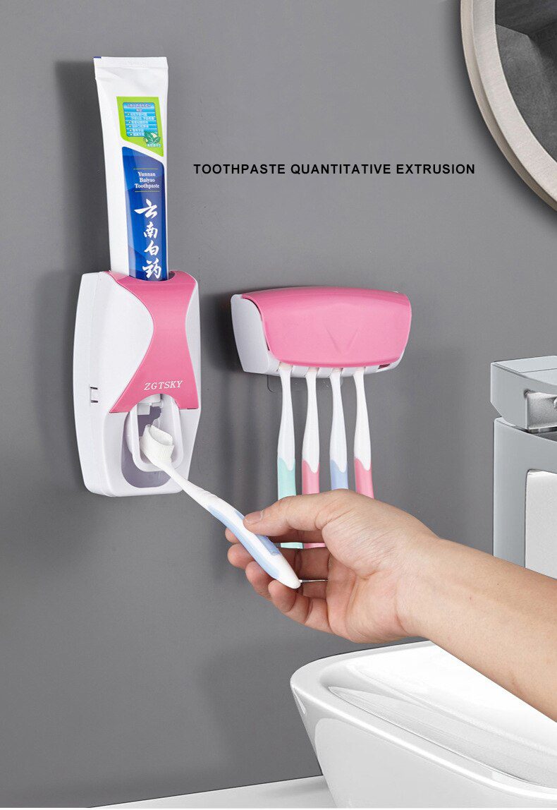 Automatic Toothpaste Dispenser Wall Mount Dust-proof Toothbrush Holder Wall Mount Storage Rack Bathroom Accessories Set Squeezer