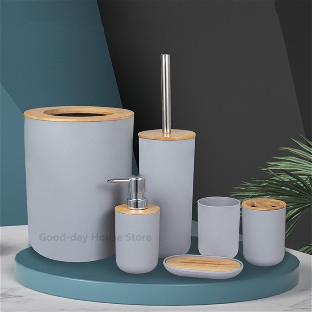 Bathroom Accessories Set Soap Dispenser Bottle Dish Washroom Toothbrush Holder Cup Suit Lotion Rack Toilet Brush Garbage Can