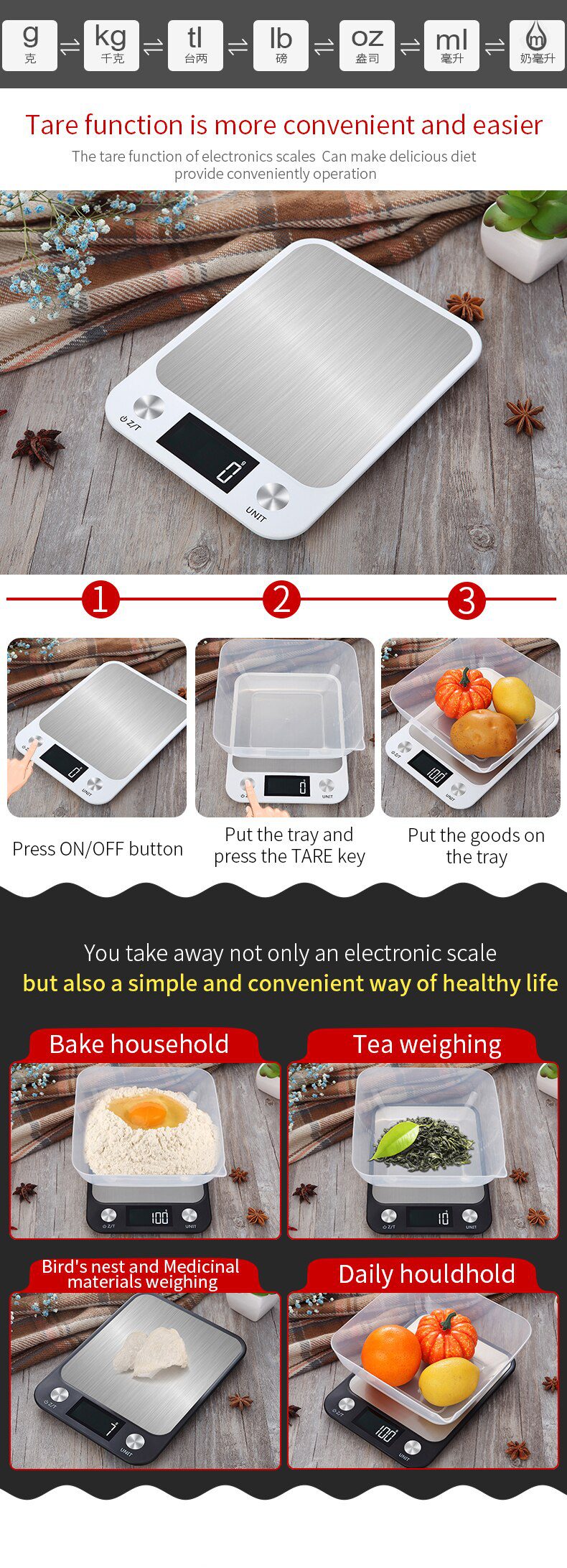 Kitchen Scale 15Kg/1g Weighing Food Coffee Balance Smart Electronic Digital Scales Stainless Steel Design for Cooking and Baking