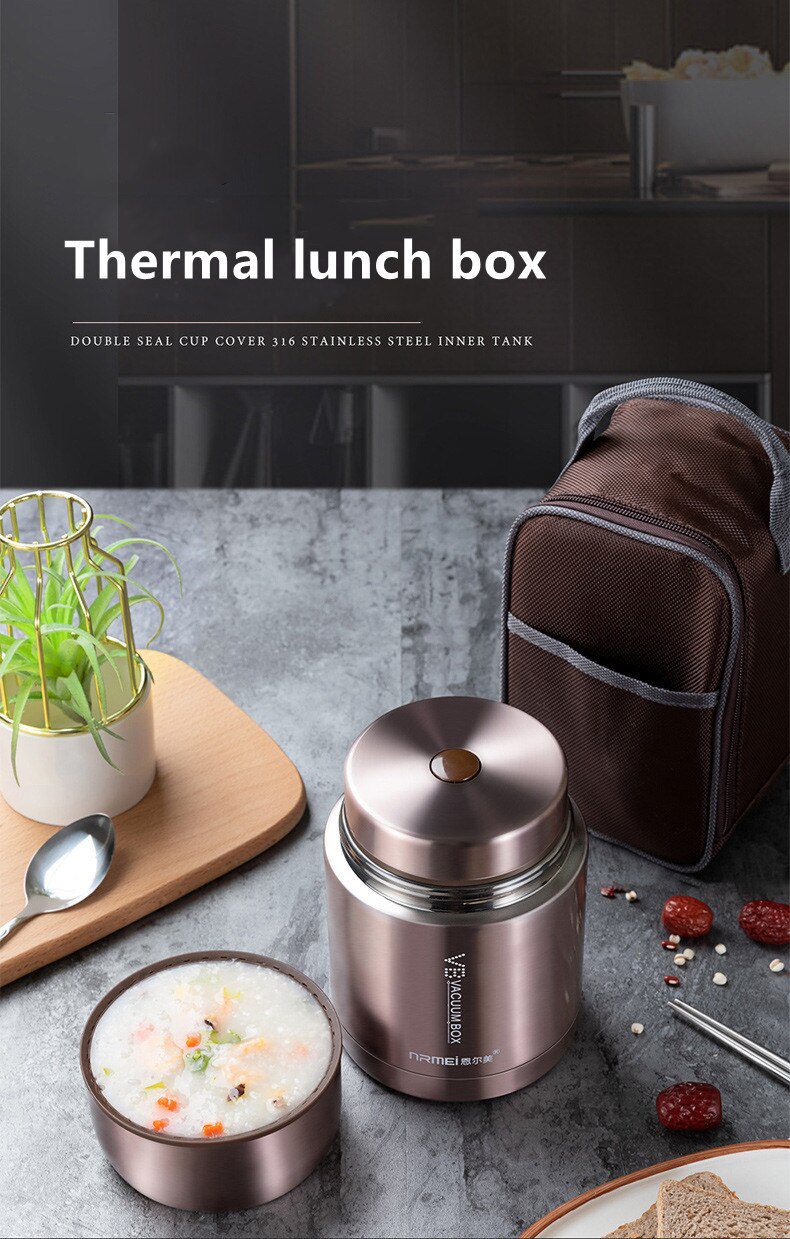 Food Thermal Jar Soup Gruel 316 Stainless Steel Vacuum Lunch Box Office Insulated Thermos Containers Spoon Bag 600/800/1000ML