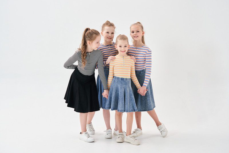 kids girl spring summer strechy striped half zipper tee with casual skirts Mom daughter fashion sporty family matching clothing