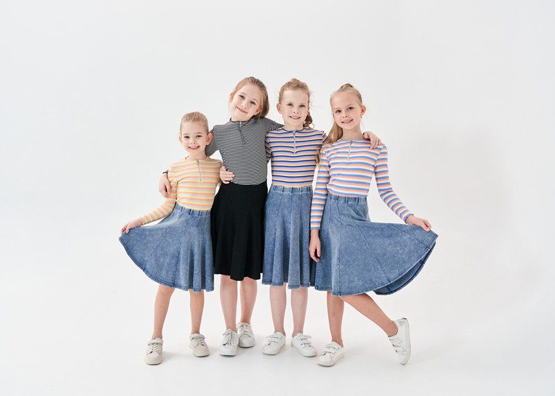 kids girl spring summer strechy striped half zipper tee with casual skirts Mom daughter fashion sporty family matching clothing