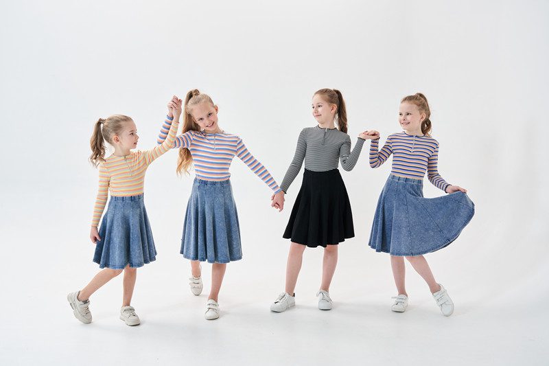 kids girl spring summer strechy striped half zipper tee with casual skirts Mom daughter fashion sporty family matching clothing