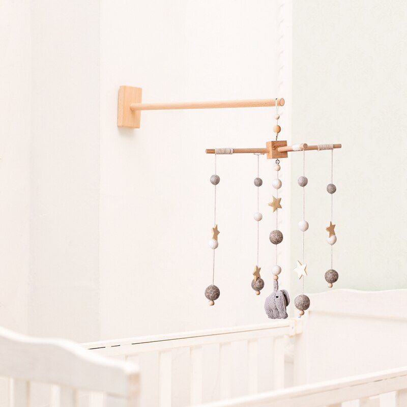 Let's Make  Baby Wooden Bed Bell Bracket Mobile Hanging Rattles Toy Hanger Baby Crib Mobile Bed Bell Wood Toy Holder Arm Bracket